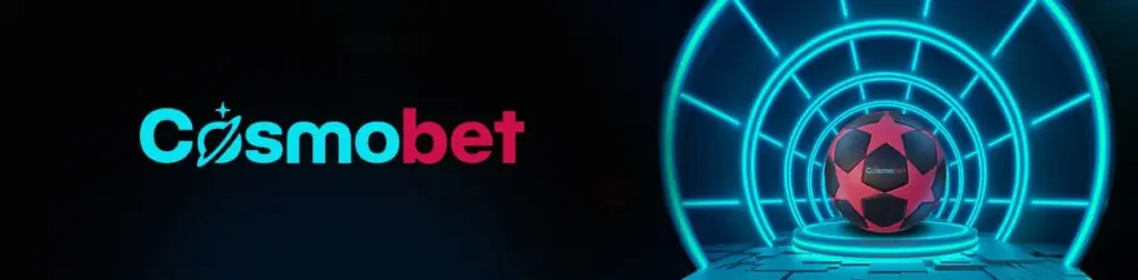 Cosmobet logo beside a neon football display
