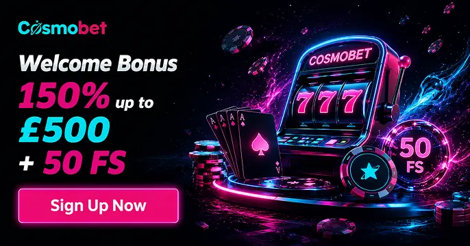 Cosmobet welcome bonus artwork with a slot machine and casino chips