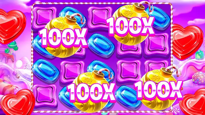 Sweet Bonanza slot grid with 100x multiplier bombs