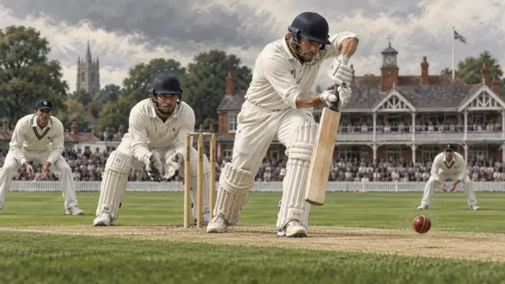 Original illustration of an adult batter and wicketkeeper in white clothing at a county cricket ground