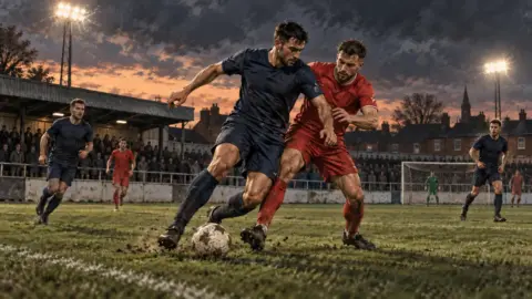 Original illustration of adult footballers at an English non-league ground